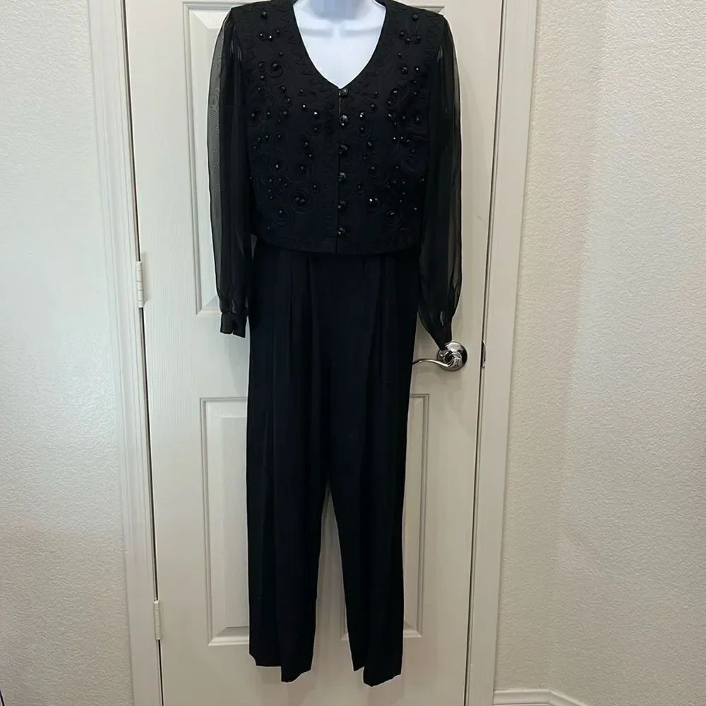 Jeffrey & Dara Jumpsuit Romper Sz 8 Black V Neck Long Sheer Sleeve Button Zipper